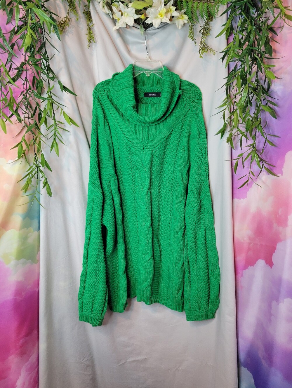 Casual Green Cable Knit Cowl Neck Sweater, Oversized